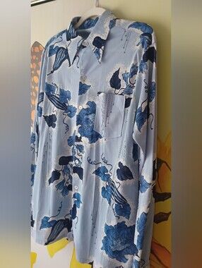 Vintage Light Blue Floral Long-Sleeve Shirt With Vest